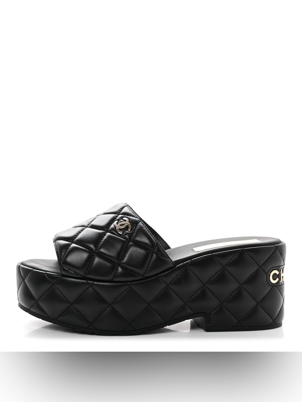 CHANEL DAD 23C Quilted Leather Platform Wedge Mules Slides Sandals in Black
